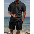Men Jacquard Textured Polo Two‑Piece Set | Short Sleeve Top & Drawstring Casual Shorts Summer Outfit