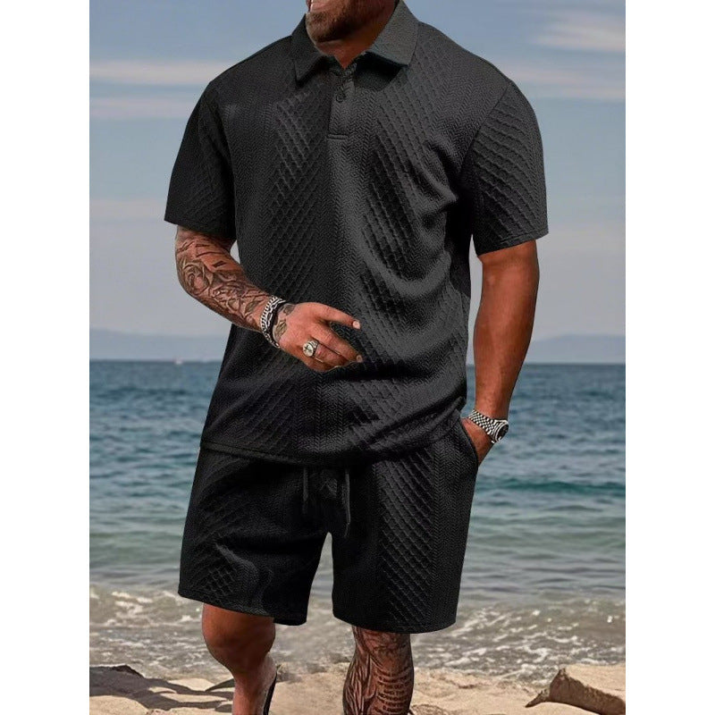 Men Jacquard Textured Polo Two‑Piece Set | Short Sleeve Top & Drawstring Casual Shorts Summer Outfit