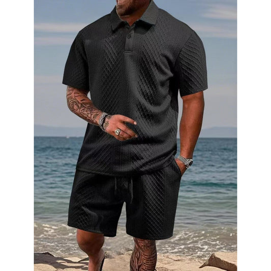 Men Jacquard Textured Polo Two‑Piece Set | Short Sleeve Top & Drawstring Casual Shorts Summer Outfit