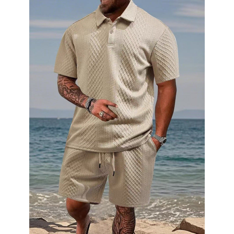 Men Jacquard Textured Polo Two‑Piece Set | Short Sleeve Top & Drawstring Casual Shorts Summer Outfit