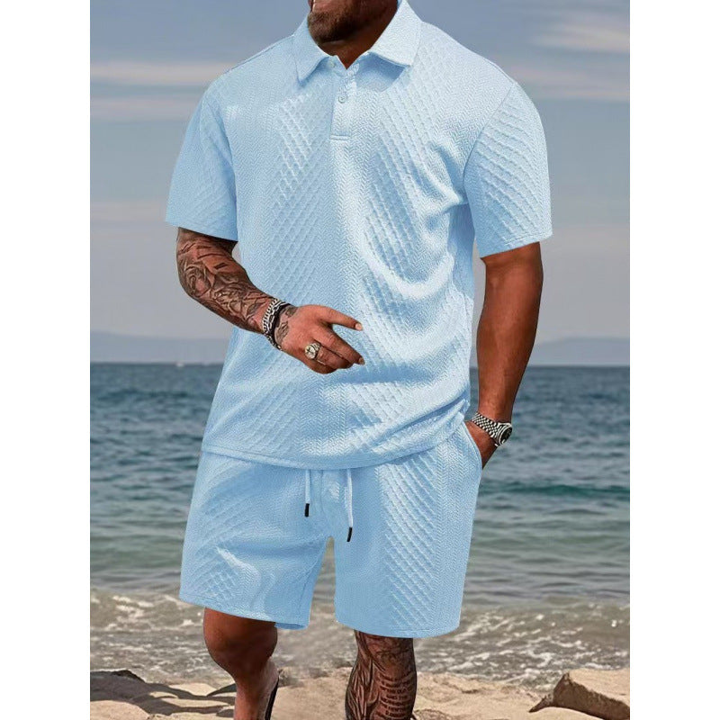 Men Jacquard Textured Polo Two‑Piece Set | Short Sleeve Top & Drawstring Casual Shorts Summer Outfit