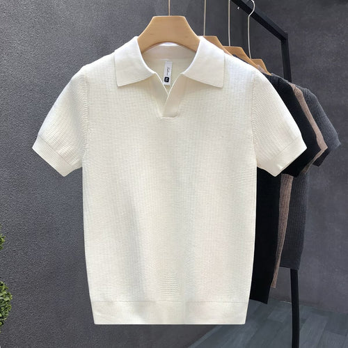 Men V‑Neck Collared Knit Short Sleeve Polo Shirt