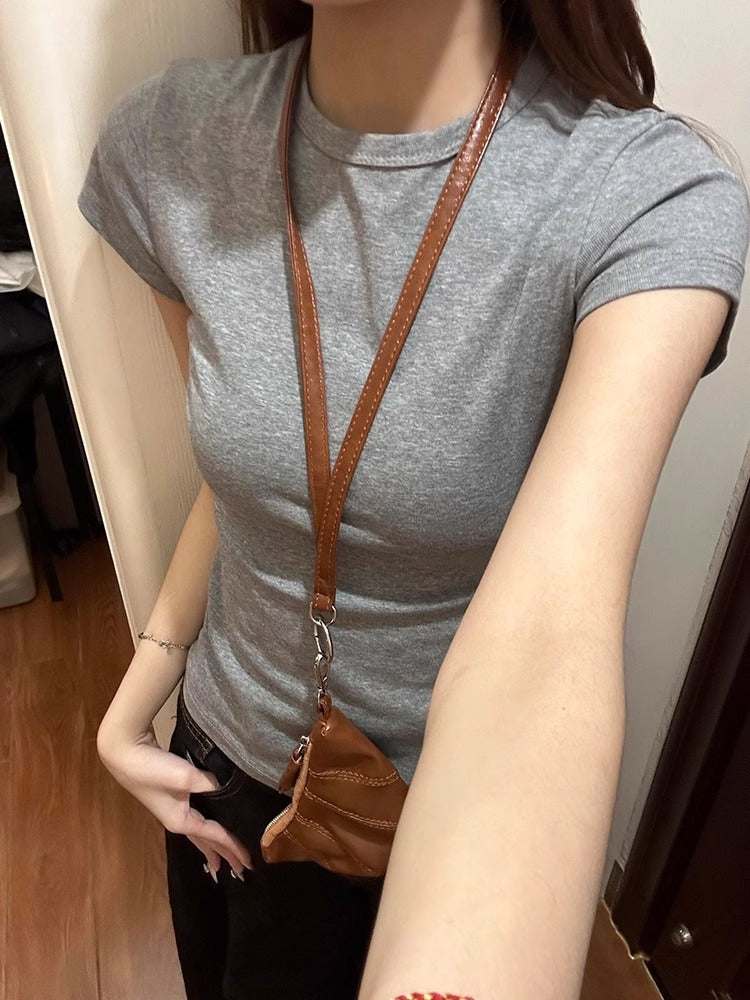Basic Crew Neck Crop T‑Shirt | Slim Fit Short Sleeve Solid Layering Tee