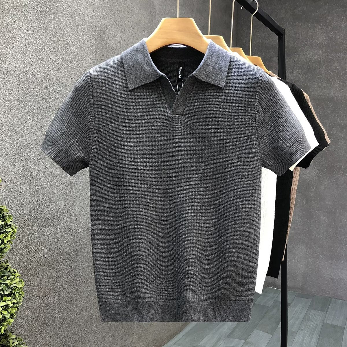 Men V‑Neck Collared Knit Short Sleeve Polo Shirt